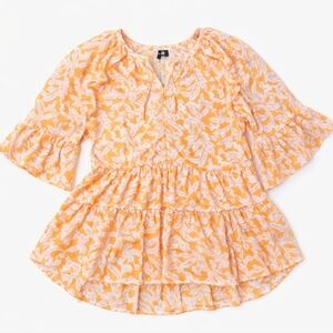 Tiered blouse dress semi sheer orange floral design beach swim cover up sz L